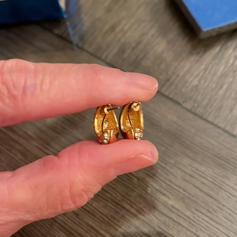 Avon Pave Swirl Earrings, Gold-tone Huggie Hoops with Rhinestones